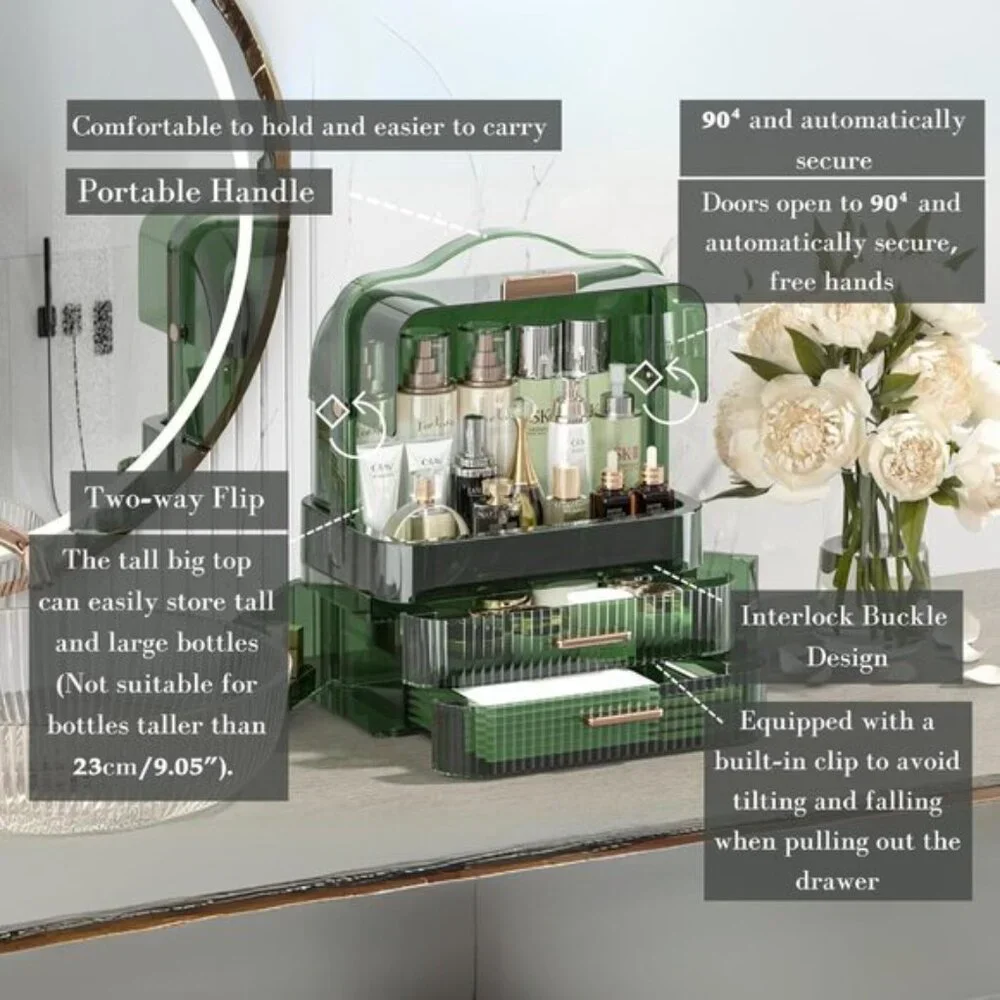 Clear Green Cosmetics Storage Box, Large Portable Waterproof Organizer with Lid